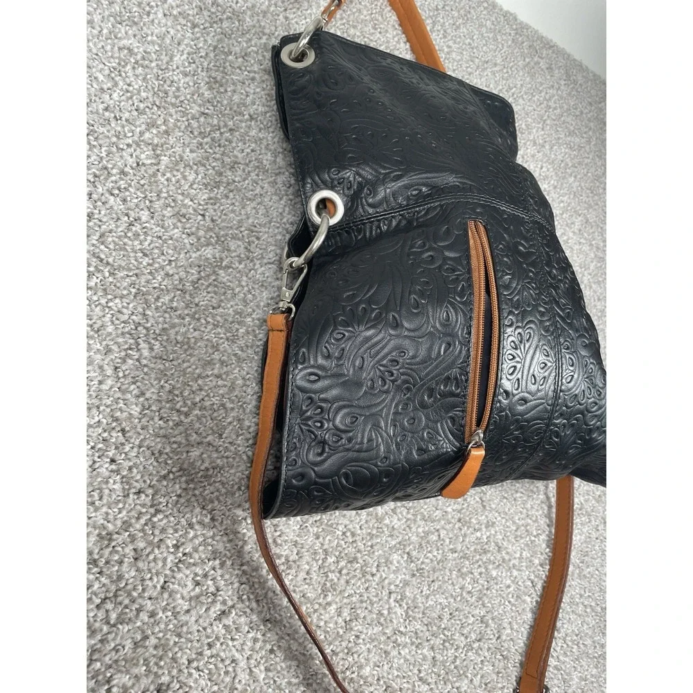 Made In Italy Genuine Leather Black Embossed Floral Hobo Shoulder Bag Purse
